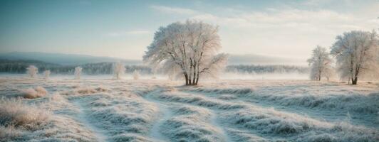 Weiß Holz bedeckt mit Frost eisig Landschaft. ai generiert foto