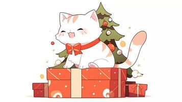 süß Kätzchen sitzen Nächster zu ein Box von Weihnachten Geschenk mit Weihnachten Stimmung foto