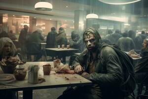 Zombie im ein Cafe. Grusel. Halloween. Grusel Film. Kunde im ein beschäftigt Essen Gericht im ein hohe Kriminalität Bereich, warten zum ihr Essen zu Sein gepflückt hoch, ai generiert foto