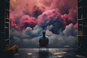 Mann Sitzung im ein Stuhl im Vorderseite von ein enorm Wolke von Rauch, ein emo Album Startseite mit Synthwave Elemente von jemand starren beim ein Fernseher Bildschirm von grau Wolken, ai generiert foto