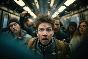 Porträt von erschrocken Mann im U-Bahn Auto mit Gruppe von Menschen auf Hintergrund, Person mit ein beschäftigt U-Bahn pendeln beim eilen Stunde, präsentieren ihr verwirrt Stimmung und Ungeduld, ai generiert foto