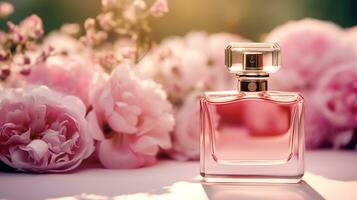 luxuriös Blumen- Duft, Duft Flasche und Rosa Blumen, Parfüm kommerziell im Blume Garten, maßgeschneidert Parfümerie und Schönheit Produkt Verkauf, generativ ai foto