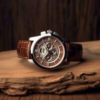 Luxus Herren Uhr kommerziell Konzept Prototyp, maßgeschneidert Design auf dunkel Holz Hintergrund, generativ ai foto