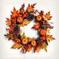 Herbst Kranz wie Dekoration auf Weiß Tür, Begrüßung Herbst Urlaub Jahreszeit mit herbstlich Dekorationen, generativ ai foto