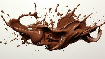 heiß dunkel Schokolade dynamisch spritzen. geschmolzen Schokolade mit tropft Tropfen auf ein Weiß Hintergrund. foto