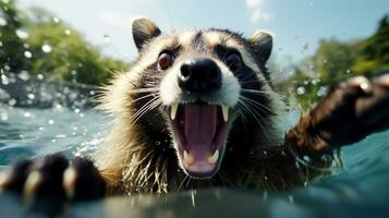 Waschbär Streifen Nahansicht. Waschbär schwimmt im das Schwimmbad. aufgeregt Waschbär im Schwimmbad Schwimmen und spielen im das Wasser. foto