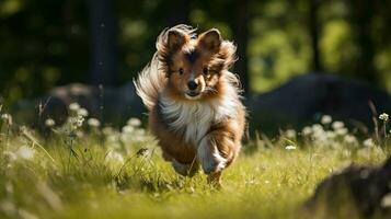 ein Mini Pony Pferd Laufen auf das breit Gras foto