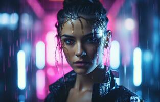 Cyberpunk Frau Porträt futuristisch Neon- Stil foto