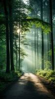 ein Wald mit Bäume und ein Pfad im das Morgen mit das Sonne leuchtenden auf das Straße foto