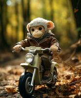 ein Schimpanse auf ein Minibike Reiten durch ein Wald foto