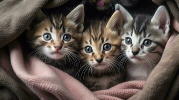 ein Gruppe von bezaubernd Kätzchen gekuschelt oben zusammen foto