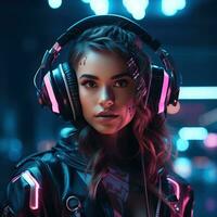 Cyberpunk Frau Porträt futuristisch Neon- Stil foto