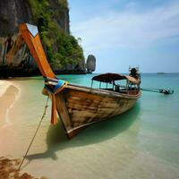 lange Schwanz Boote, tropisch Strand, Andaman Meer, Thailand. generativ ai. foto