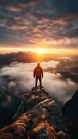 ein Mann auf oben von ein Berg Gipfel mit Aussicht von Wolken und Sonnenaufgang foto