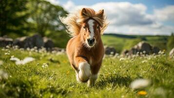 ein Mini Pony Pferd Laufen auf das breit Gras foto