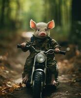 ein süß Schwein auf ein Minibike Reiten durch ein Wald foto