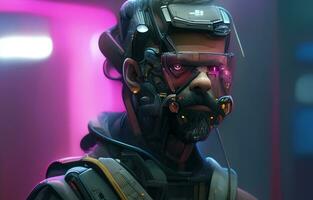 Cyberpunk Mann Porträt futuristisch Neon- Stil tragen ein Roboter Headset foto