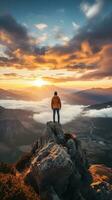 ein Mann auf oben von ein Berg Gipfel mit Aussicht von Wolken und Sonnenaufgang foto