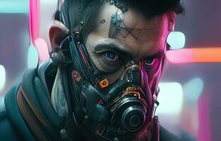 Cyberpunk Mann Porträt futuristisch Neon- Stil tragen ein Roboter Headset foto