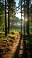 ein Wald mit Bäume und ein Pfad im das Morgen mit das Sonne leuchtenden auf das Straße foto