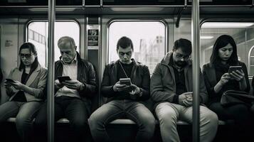 müde Menschen sitzen im das U-Bahn Auto und aussehen beim ihr Telefone foto