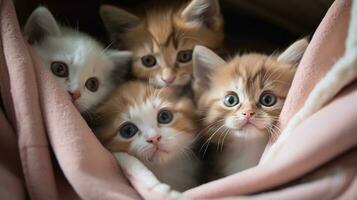 ein Gruppe von bezaubernd Kätzchen gekuschelt oben zusammen foto