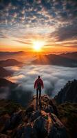 ein Mann auf oben von ein Berg Gipfel mit Aussicht von Wolken und Sonnenaufgang foto