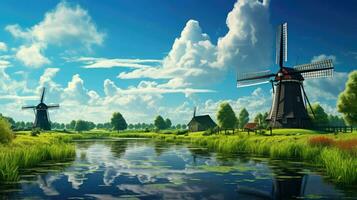 Wind Niederländisch Windmühlen Windmühlen ai generiert foto