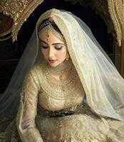 ai generiert. ai generativ - - fesselnd Muslim Braut- Schönheit - - ein strahlend Mädchen auf ihr Besondere Tag foto
