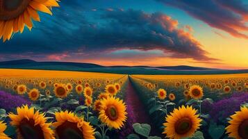 ai generiert. ai generativ - - verzaubert Traumlandschaft - - Technicolor Wolken und Sonnenblume Symphonie foto