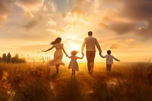 Rückseite Aussicht von glücklich Familie Vater, Mutter, Tochter und Sohn genießen schön Landschaft und Laufen im ein Feld beim Sonnenuntergang. generativ ai, Illustration foto