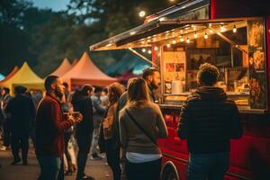 Menschen Stand im Linie zu Kaufen Mahlzeiten von ein Essen LKW, gehen, Kauf und Essen beim draussen Straße Essen Nacht Markt. Illustration, generativ ai, Illustration foto