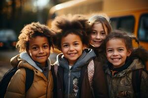 Gruppe von bezaubernd elementar Schule Kinder im Vorderseite von das Schule Bus. generativ ai foto