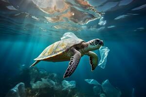 ein Schildkröte Essen Plastik Tasche. Plastik Verschmutzung im Ozean, Wasser Umwelt Problem, Müll Meer. Illustration, generativ ai foto