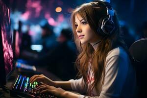 glücklich Teenager Mädchen Spieler tragen Kopfhörer Beteiligung abspielen online Spiel bunt Neon- Beleuchtung Computer im Spiel Cafe. Esport Streaming Spiel online, Zuhause Quarantäne Aktivität Konzept. generativ ai foto