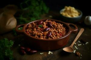 Chili Bohnen Schüssel Tisch. generieren ai foto