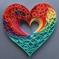 Herz quilling Karte mit Regenbogen quilling Papier Kunst schön Geschenk zum Valentinstag Tag Geburtstag elegant anspruchsvoll Karte, Hochzeit Karte. generativ ai. foto