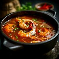 Tom Süßkartoffel Kung ,Garnele und Zitrone Suppe mit Pilze, thailändisch Essen im Schüssel. generativ ai. foto