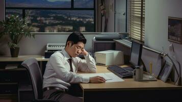 realistisch Darstellung. asiatisch Büro Arbeiter erleben Arbeitsplatz Stress und emotional Belastung foto