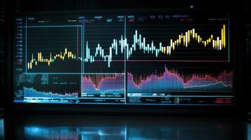 Lager Markt Wachstum Graph, finanziell Neon- Diagramm auf Bildschirm im modern Büro foto