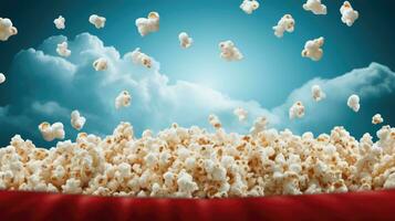 Popcorn auf Himmel Hintergrund. Banner zum Kino Werbung. Popcorn Tag foto