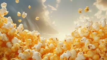 Popcorn auf Himmel Hintergrund. Banner zum Kino Werbung. Popcorn Tag foto