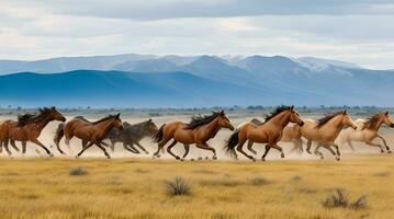 ein majestätisch Herde von wild Pferde galoppierend über das riesig Weite von ein öffnen Prärie unter das golden Sonnenlicht. ai generiert foto