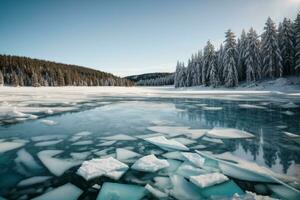 Blau Eis und Risse auf das Oberfläche von das Eis. gefroren See unter ein Blau Himmel im das Winter. das Hügel von Kiefern. Winter. Karpaten, Ukraine, Europa.. ai generiert foto