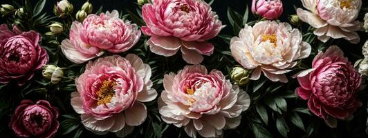 Jahrgang Strauß von schön Blumen auf schwarz. Blumen- Hintergrund. Barock alt Mode Stil. natürlich Muster Hintergrund oder Gruß Karte. ai generiert foto