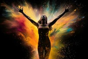 Silhouette von ein Frau Tanzen mit farbig Pulver Spritzer, bunt Explosion von Farbe Pulver mit ein Silhouette von ein Tanzen Frau, ai generiert foto
