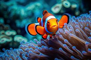 Clown Anemonenfisch Amphiprion ocellaris im ein Meer Anemone, Clownfisch Schwimmen unter das beschwingt Korallen, ai generiert foto