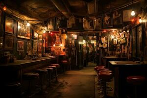 Innere von ein Bar im Tiflis, Georgia, unter Tage Nacht Verein, Tänzer im weich, betrübt Kleidung schwanken anmutig unter das Scheinwerfer, ai generiert foto