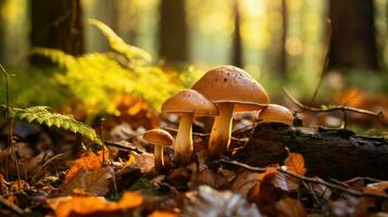 Pilze im das Wald. Nahansicht Foto von ein Pilz unter Herbst Blätter