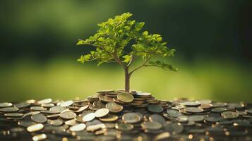 finanziell Wachstum im Natur. Baum gedeiht auf ein Bett von Münzen. Ideal zum Investition Konzepte foto